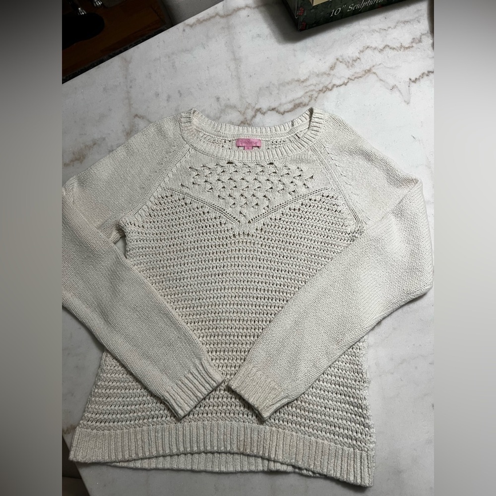 Lilly Pulitzer Penelope Pullover Crochet Sweater Cream Cotton XL Fits Like M!